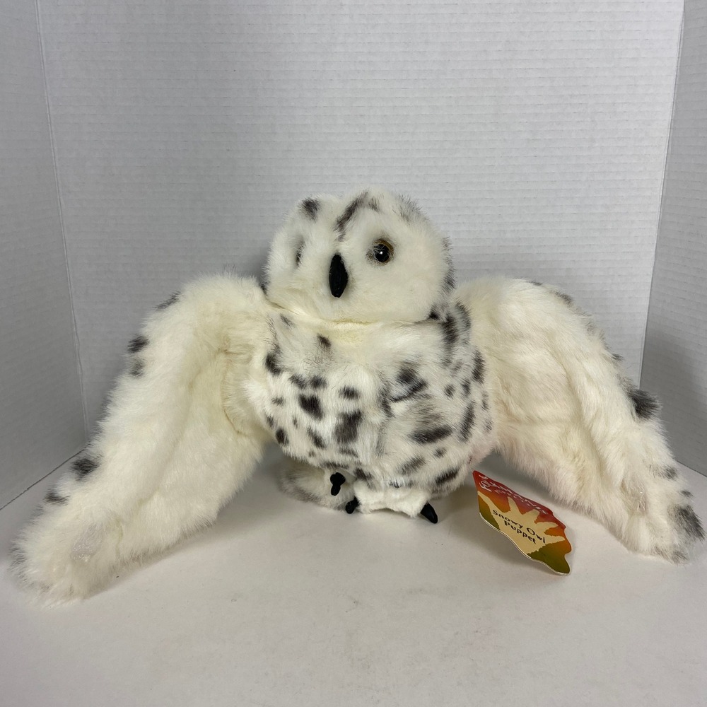 Folkmanis Snowy Owl Hand Puppet White Spotted Plush Bird Moving Head 2236 NWT